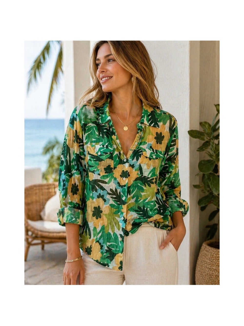 Women's Floral Button-Up Blouse in Green and Cream Breathable cotton